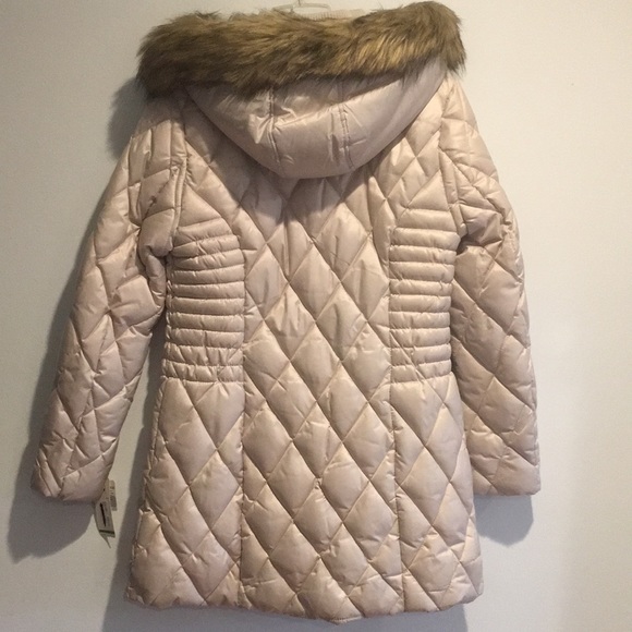 New! Laundry By Design Cream/Gold Quilted Puffer Coat Fur Trim Hood Large - Picture 2 of 13